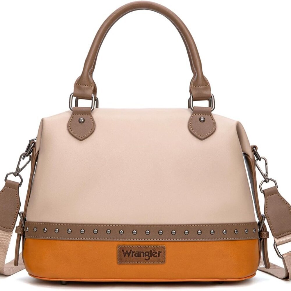 Tan Wrangler Western-Style Two-Tone Vegan Leather Satchel & Crossbody Bag for Wo